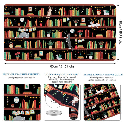 Desk Mat, Desk Matt for Desktop Bookshelf Cat XXL Extended Large Gaming Mouse Pad for Desk, Anti-Slip Desk pad Mat with Stitched Edges, Keyboard Mouse Mat for Computer, Work, Office, Gaming