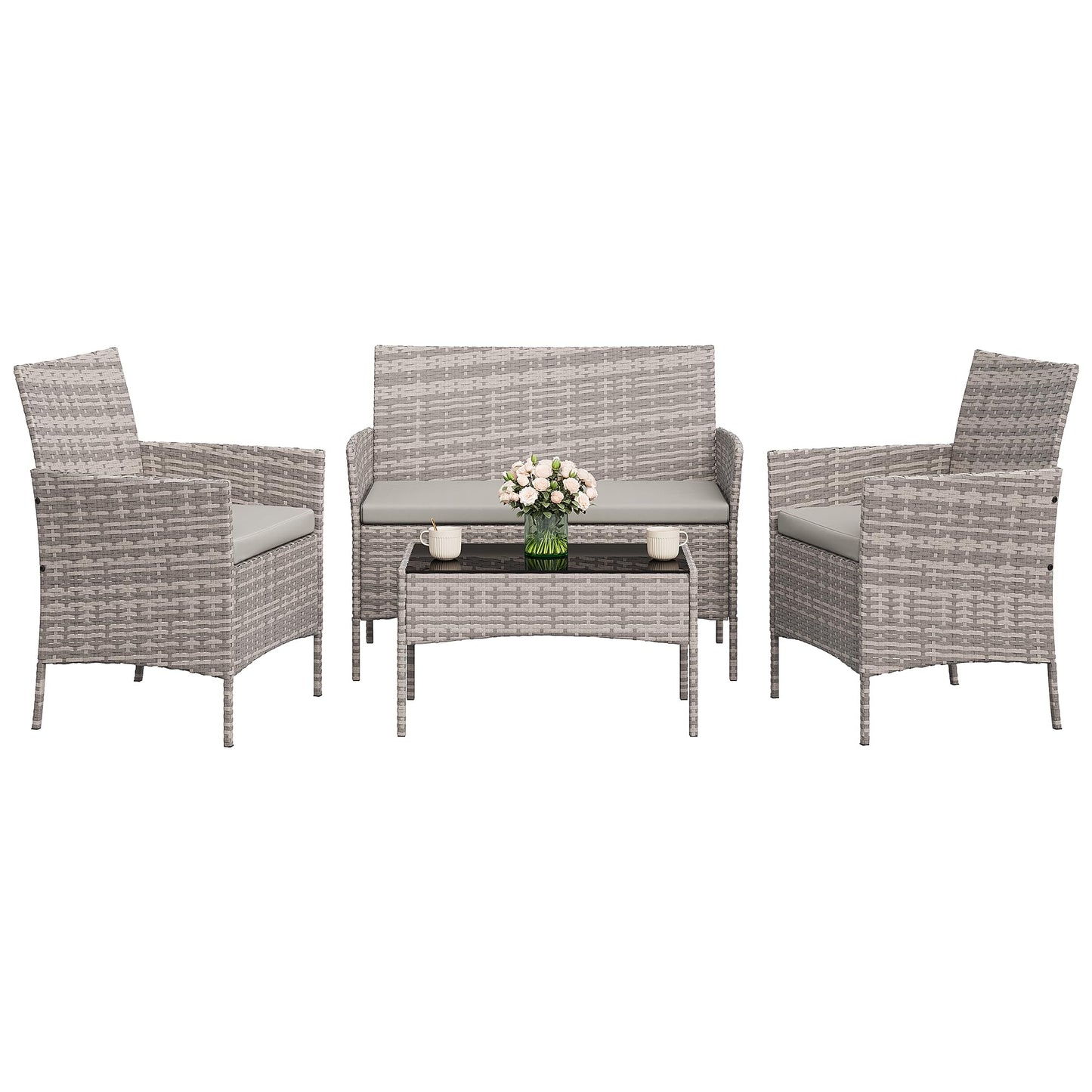 GAOMON 4-Piece Outdoor Conversation Set, PE Rattan Wicker Patio Furniture Set with Cushions, Loveseat and 2 Armchairs, Tempered Glass Coffee Table,Gray Gradient