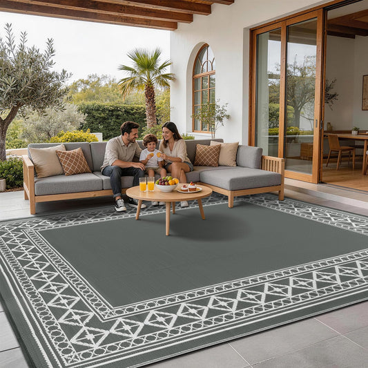 LBRO2M Waterproof Outdoor Rugs 8X10 for Patio Outdoor Plastitc Straw Rug Reversible Outdoor Border Rugs RV Rug for Deck, Pinic, Beach (8X10, Gray)
