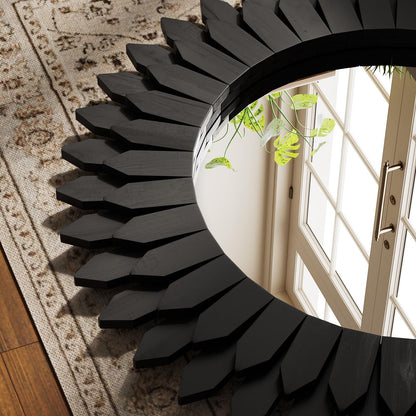VETROVUE 24 Inch Black Boho Wall Decor Sunburst Mirror - Round Wooden Wall Decor, Handmade Rustic Circular Mirror for Living Room, Bedroom, Entryway, Office