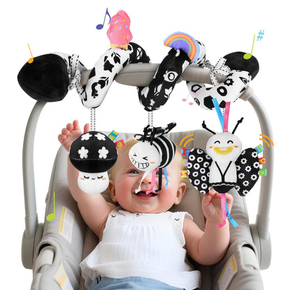 Zendstanding Spiral Car Seat Toys for Babies, 0-6 Months Stroller Pram Activity Hanging Toys High Contrast Black and White Sensory Toy, Newborn Soft Plush Travel Toy for Newborn Boys Girls Gift