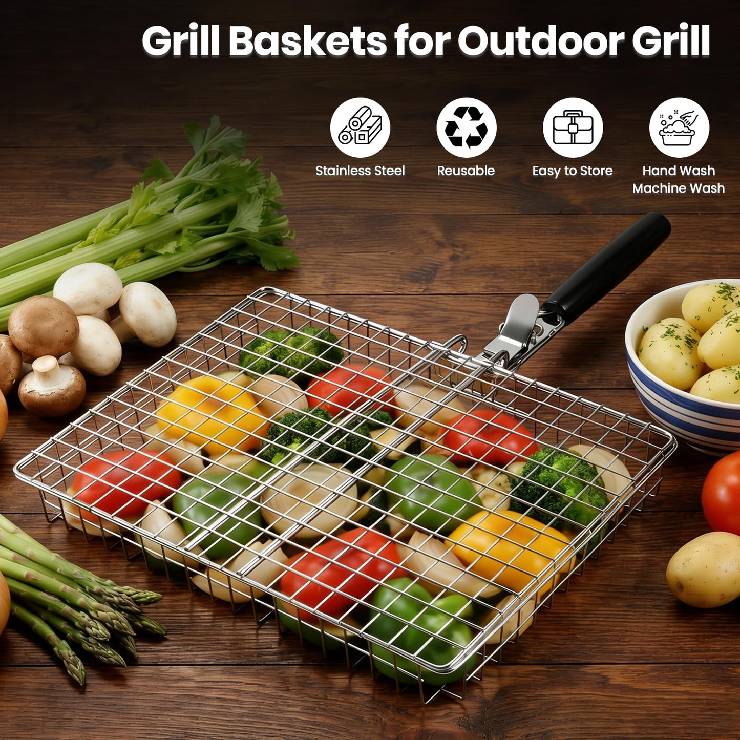 Clheatky 16 PCS Stainless Steel Grill Basket Set, Complete BBQ Grill Accessories for Shrimp, Vegetables & Fish, Portable Grill Basket with Oil Sprayer, Ideal Grilling Gifts for Men Dad Husband