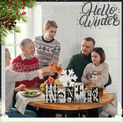 Yousoontic 2 Pcs Winter Table Decor Snowman Christmas Table Centerpieces Black and White Snowman Tiered Tray Decor Snowflake Block Signs Winter Decorations for Home Kitchen Office Shelf