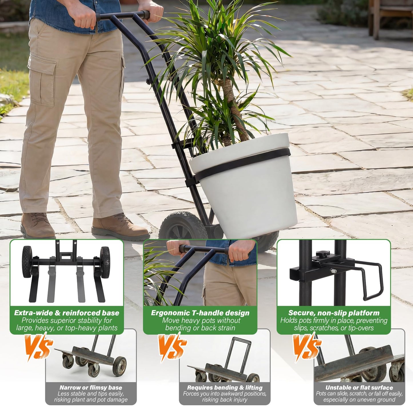 Adjustable Plant Caddy with Wheels, Heavy Duty Plant Dolly Cart w/Grab Arm and Strap Dual Protection, Garden Potted Plant Mover Dolly for Planter Flower Pots Indoor Outdoor, Supports 175lbs, Black