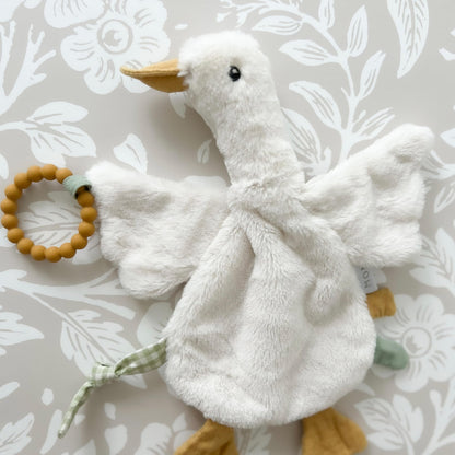 MON AMI PRU Goose Teether Lovie | 12-Inch Baby Security Blanket with Silicone Teether | Soft Plush Lovey for Teething Relief & Comfort