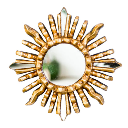DecorContreras Handmade Small Round Wall Mirror with Bronze Leaf Finish - 6in Sun-Inspired Wood Mirror for Home Decor (Gold)