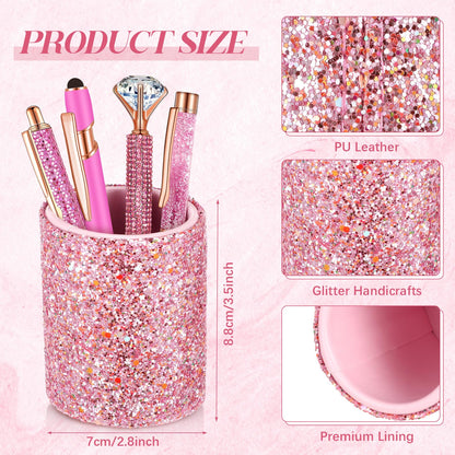 Sabary 8 Pcs Shiny Pink Pens with Pen Holder for Desk Glitter Crystal Diamond Cute Ballpoint Fancy Pencil Holder Bling Desk Organizer for Women Girls School Office Supplies Wedding Graduation Gifts