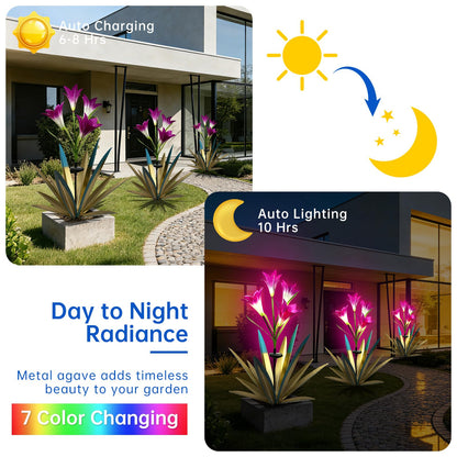 Homight Solar Metal Agave Lily Flower Garden Sculpture with LED Lights 30.3 Inch Waterproof Outdoor/Indoor Yard Decor Handmade Lawn Ornament Gift for Family Friends (3, Blue)
