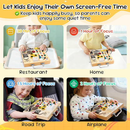 Wooden Busy Board with LED Light Montessori Baby Learning Toys for Toddlers , Sensory Activity Board, Travel Educational Toys, Boy & Girl Birthday Gift (Silver Handle)