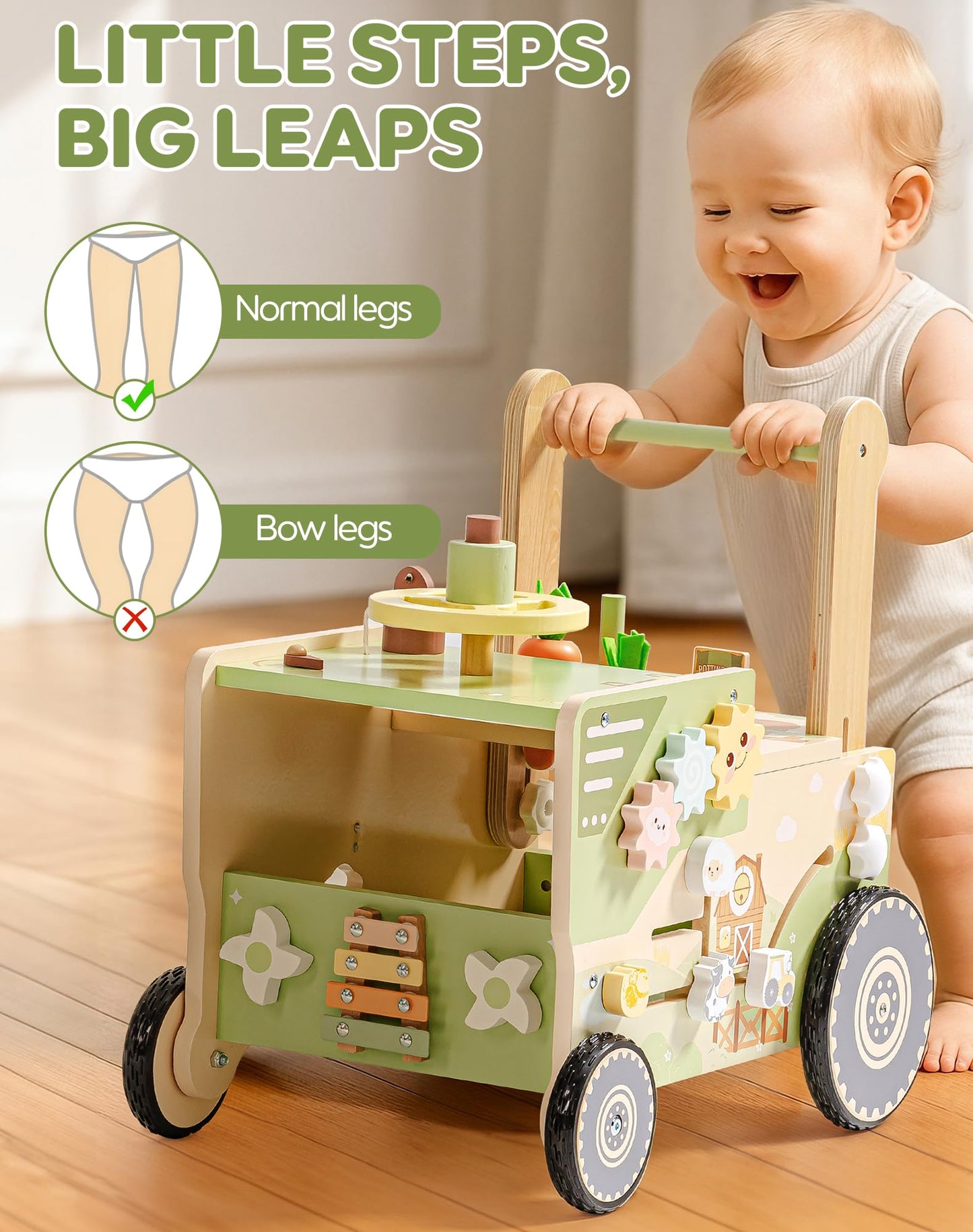 ROBOTIME Wooden Baby Walker Push Toy for Toddlers, Baby Push Walker with Wheels, Farm-Themed Activity Center for Girls & Boys, Adjustable Speed Walker for Baby Learning to Walk