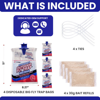 Fly Traps Outdoor Fly Trap for Patio. 4 Large Non-Toxic Pre-Baited Flies Bags Outdoor Disposable. Big Hanging Bug Catchers for All Filth Flies Killer for Outside Bug Control in Yard Horse Ranch.