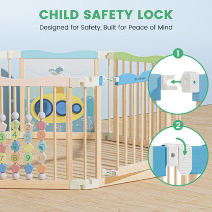 Foldable Wooden Playpen - Adjustable Wood Baby Play Yard with Child-Proof Lock, Indoor Large Safety Fence for Babies and Toddlers - Easy Assembly, 55 x 55 x 24 inches, Ocean Adventure, Colorful