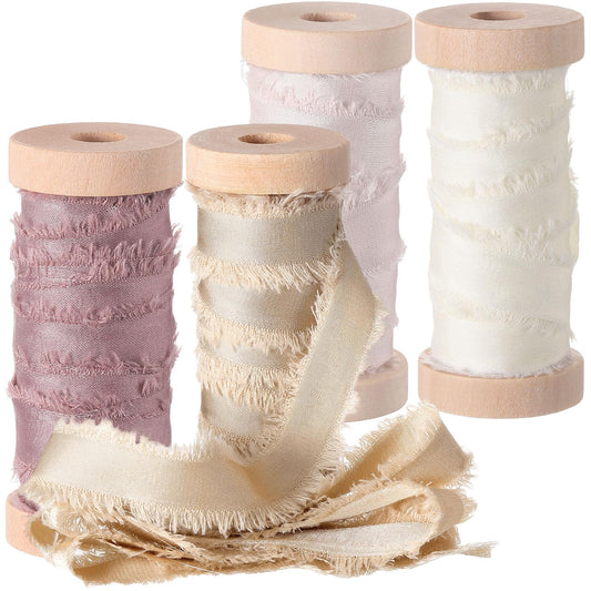 Mindsoft Frayed Chiffon Ribbon for Craft Silk Satin Ribbons 1/2-1/4 Inch x 20 Yard Handmade Fabric Strips with Wooden Spool for Valentines Day Wedding Gift Wrapping(Assorted Colors)