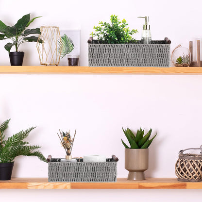 Boao 3 Pcs Boho Storage Wicker Baskets Handmade Woven Decorative Paper Rope Baskets for Organizing with Handle Countertop Toilet Paper Storage Container for Toilet Tank Top(Grey,Rectangle)