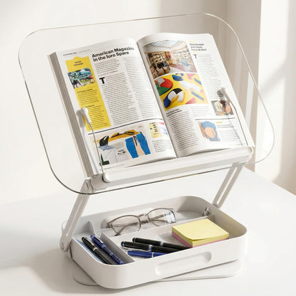 Lifcozy Book Stand for Reading, Acrylic Adjustable Book Holder with Book Page Holder, 360°Cookbook Stand with Storage for Kitchen Counter, Hands Free Recipe Book Holder for Textbook Cookbook, Clear