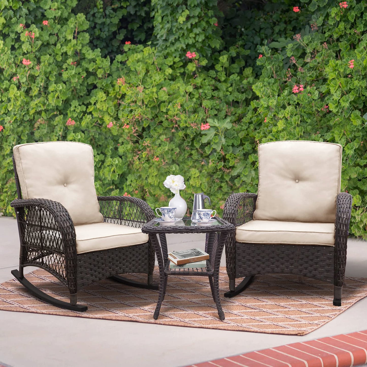 BABYLON Indoor Outdoor Coffee Table, All-Weather Wicker Tempered Glass Top Side Table, Indoor Outdoor Patio End Table with Storage Space, 20''x 20''x20''