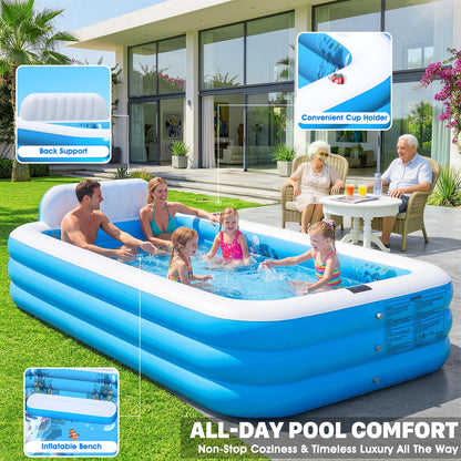 AixPool Extra Large Inflatable Pool With Lights,Upgraded Solar Powered Blow Up Pool For Adults,Inflatable Kids Swimming Pool with Seat& Backrest,Big Inflatable Kids Pool For Backyard,120x73x20IN-White