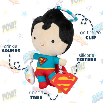 Kids Preferred DC Comics Superman Multi Sensory Activity Toy with Teethers, Crinkle Textures, and Clip for On The Go Fun for Infant and Baby Boys and Girls, Medium