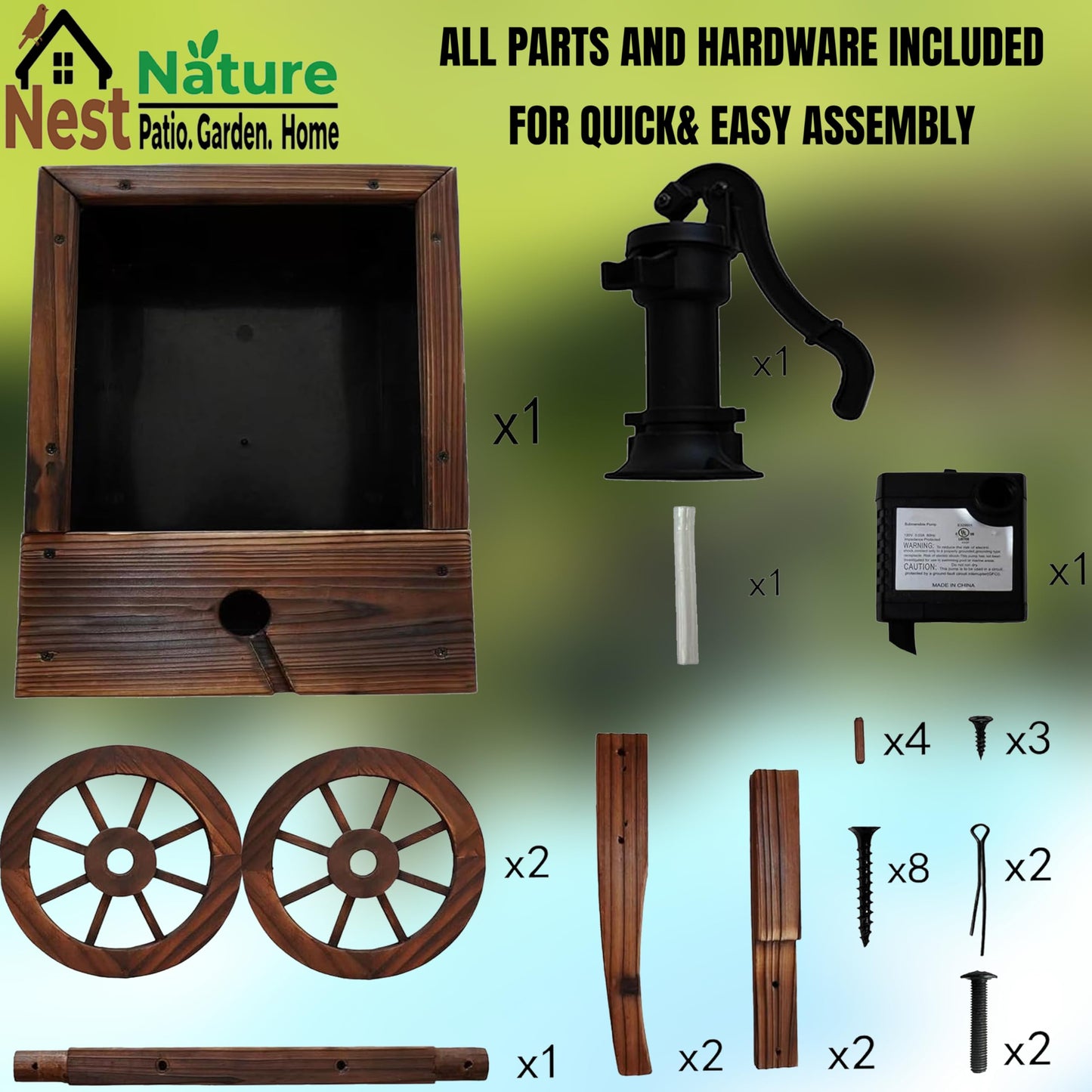 NestNature Outdoor Water Fountain,Wooden Wagon Wheel Pump Old-Fashioned Fountain,Electric Decorative Hand Pump, Outdoor Water Feature for Patio, Garden & Indoor Decoration