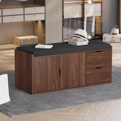 LVB 40” Entryway Storage Bench with Padded Seat Cushion, Wood Hidden Shoe Organizer Bench with 2 Drawers Cabinet, Industrial Shoe Bench for Foyer Entrance Living Bedroom, Walnut Oak, 40 inch