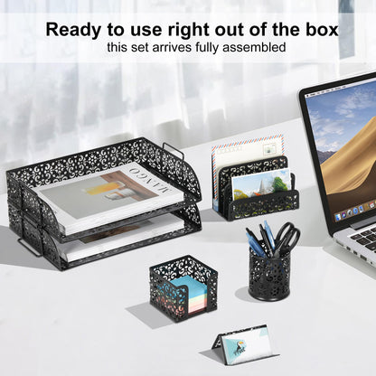 EasyPAG Desk Organizers and Accessories 5 Pieces Office Supplies Set - 2 Tier Paper Tray, Pencil Organizer for Desk, Mail Sorter Countertop, Business Card Holder and Sticky Note Holder, Black