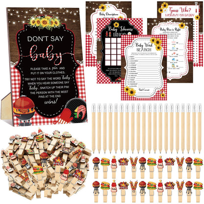 Patelai 321 Pcs BBQ Themed Baby Shower Supplies for Girl or Boy 5 Set Include 50 Activity Cards 20 Pencils 1 Don't Say Baby Sign 50 Clothespins for Price Is Right Prediction Bingo Game Party Decor