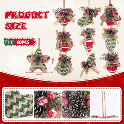 10PCS Rustic Christmas Ornaments, Burlap Balls with Pine Cones and Red Berries, Farmhouse Christmas Tree Ornaments for Holiday Decor Christmas Tree Decorations (Rustic Style)