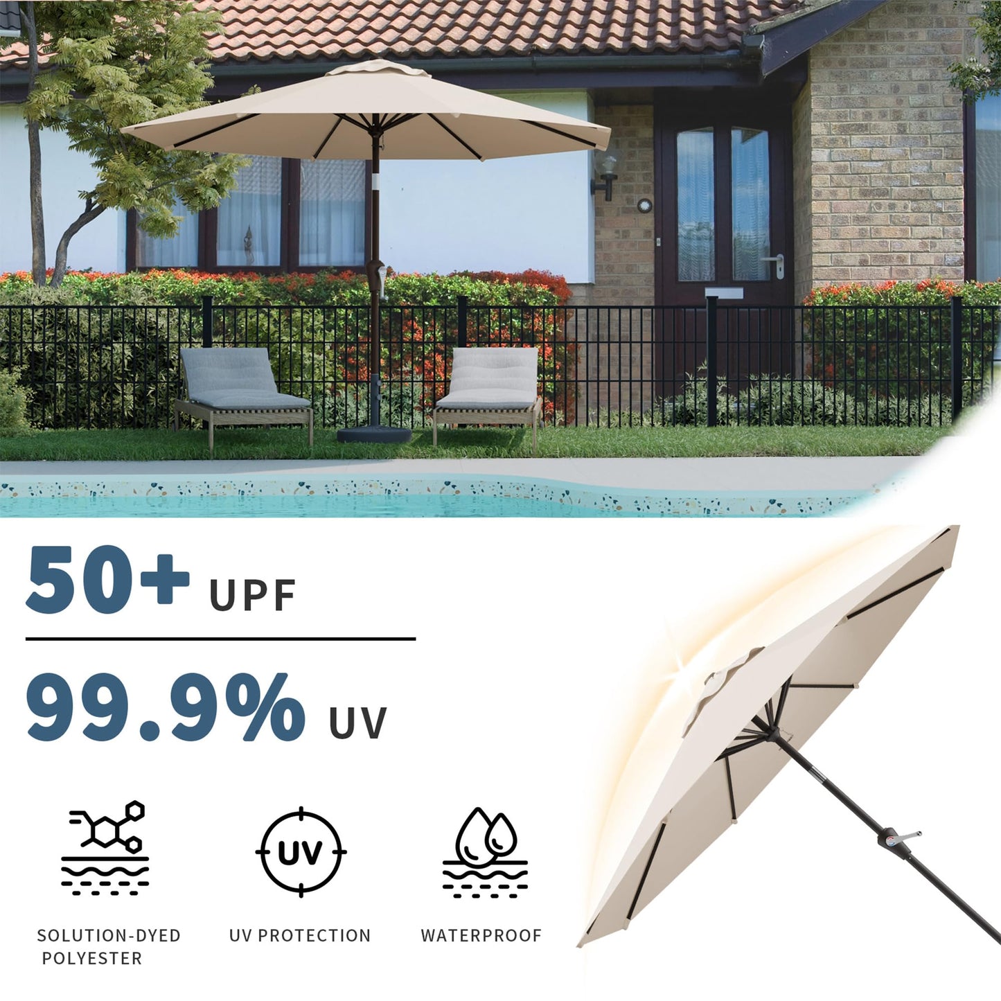 Tobeos 10FT Patio Umbrella, Outdoor Umbrella with Push Button Tilt and Crank, 8 Sturdy Ribs, UV Protection & Waterproof Market Umbrella for Pool, Backyard, Beach,Deck (Beige)