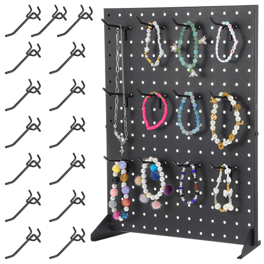 Xaajooio Metal Pegboard Display Stand with 15 Hooks 17x13 Inch Black Tabletop Retail Ornament Display Rack for Jewelry, Accessories, Keychains, Craft Shows, Vendors, Boutiques, and Events