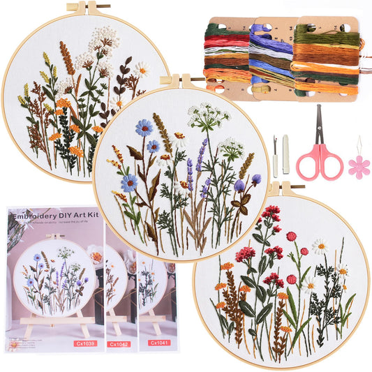 COCOMOX 3 Sets Embroidery Practice Kits, Flower Pattern Embroidery Kit for Beginners Adults, Hand Embroidery Kit, Easy to Follow Instruction and Video