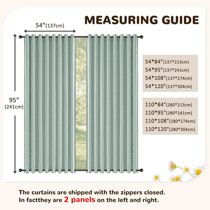Arfntevss Linen Outdoor Curtains for Patio Waterproof with Zipper Blackout Curtains 2 Panels Top & Bottom Grommet Patio Outdoor Privacy Drape 84 Inch for Gazebo Porch Pergola (110x84, Light Green)