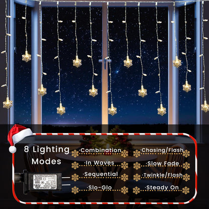 Icicle Lights for Outside 180 Clear Warm White 5MM Led 26.4ft White Wire Snowflake with 8 Mode Function Curtain String Lights Indoor Warm White and Outdoor for roof Patio Garden Bedroom (Remote)