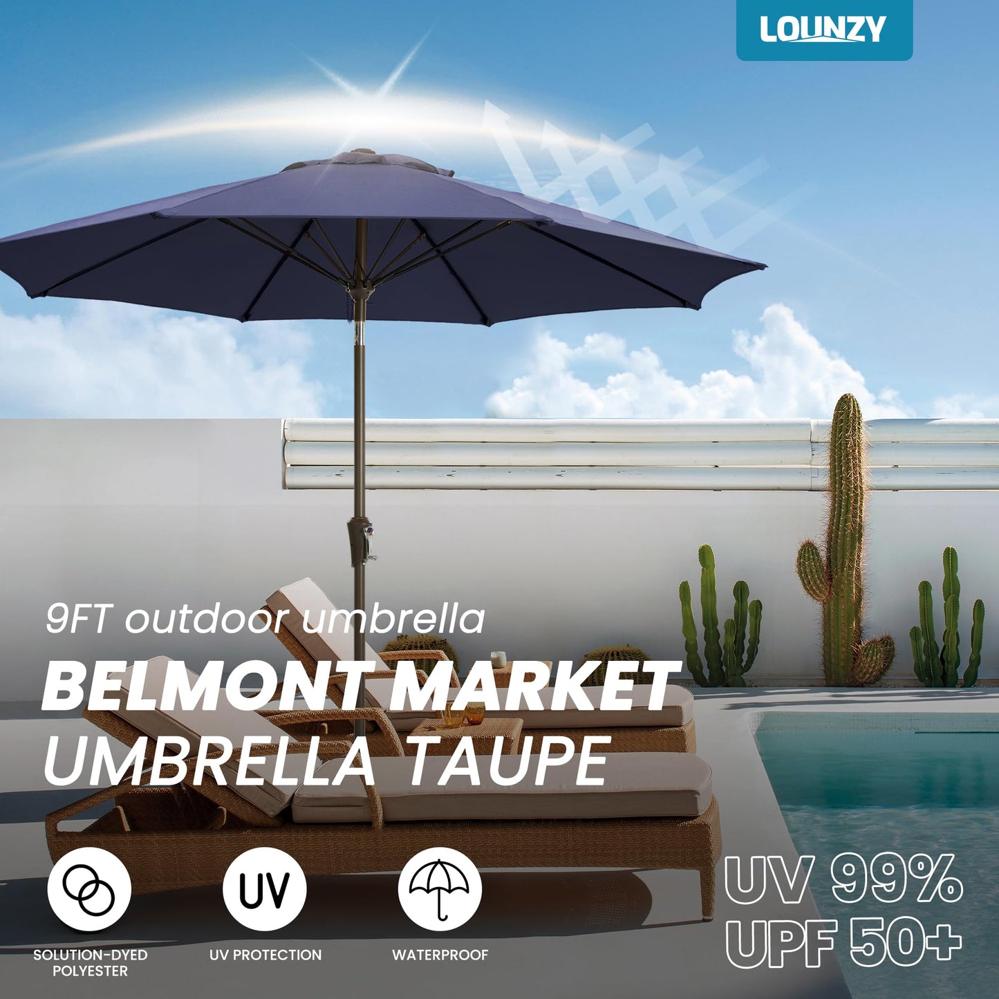 LOUNZY 9FT Large Outdoor Patio Umbrella Table Umbrella-UV Resistant,Easy Push Button Tilt and Crank,8 Sturdy Fiberglass Ribs Pool Umbrella for Patio,Backyard,Deck,Yard,Market,Navy