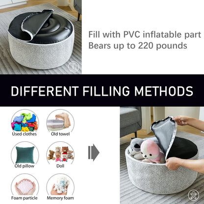 weruisi Inflatable Pouf Ottoman, 21x10 Inches Stuffed Chenille Ottoman with Inflatable PVC Liner, Foot Rest with Portable Handle, Round Floor Pillow for Living Room, Bedroom, Kids Room