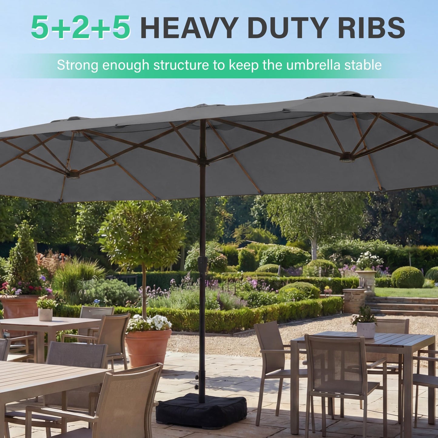 JEAREY 15ft Large Patio Umbrella with Base, Outdoor Rectangle Umbrella Double-Sided Market Umbrella with Stand for Pool, Deck, Backyard and Garden, Gray