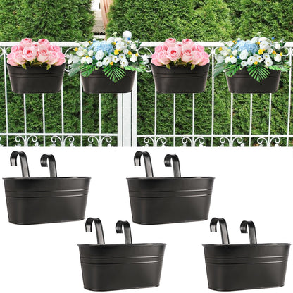 FUFUUIQY 4 Pack Metal Iron Hanging Flower Pots 11 Inch Railing Fence Hanging Bucket Pots with Detachable Hooks Countryside Style Window Railing Planter Box for Garden Balcony Outdoor Decors(Black)