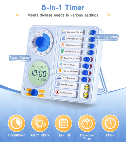 3-in-1 Visual Timer Task Timer with Chore Chart Board, ADHD Tool for Kids Adults Visual Schedule for Kids with Autism, Daily Checklist for Home, School, Classroom, Desk, Chore Chart