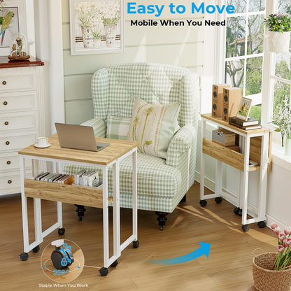 GreenForest Folding Desk Small Rolling Desk with Storage Shelf,24.8 inch Foldable Computer Desk with Wheels for Small Space,Easy Assembly,Oak