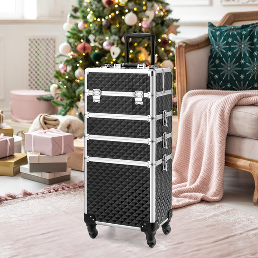 mefeir 4-in-1 Rolling Makeup Train Case Lift Handle,4 Removable Wheels Lockable Keys,Aluminum Cosmetic Trolley Beauty Stylist Artist Organizer Box,Ideal Xmas New Year Gift (Diamond Black)