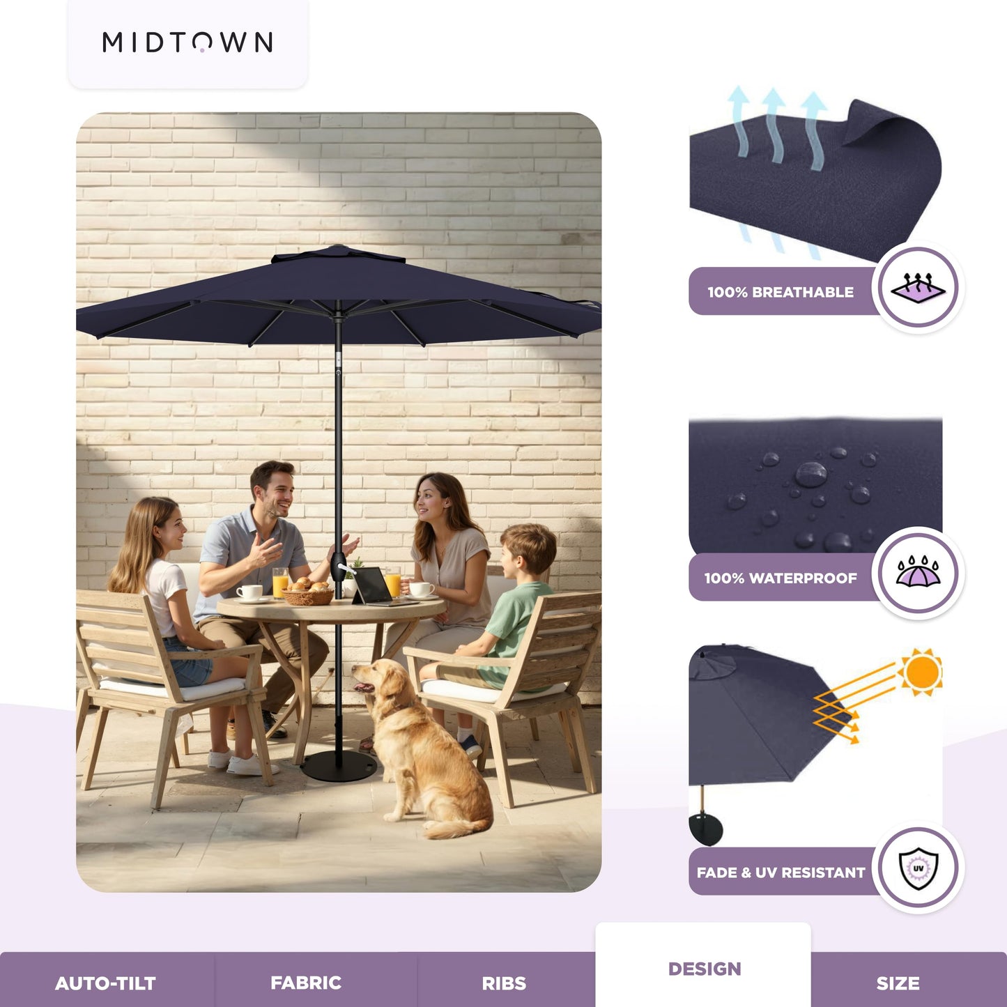 Midtown Umbrellas - 10-Year-No-Fade 9 Ft Patio Umbrella with Terylast Fabric, Auto-Tilt Aluminum Frame and 8 Reinforced Ribs for Deck, Pool, Garden & Beach - Navy Blue Canopy, Black Pole