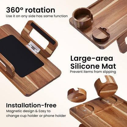 Danfoxer 3 in 1 Acacia Wood Couch Arm Tray,Couch Tray with Cup Holder and Phone Holder,Folding Sofa Armrest Trays Clip-On Sofas Desk for Drinks,Snacks,Phone,Remote Control