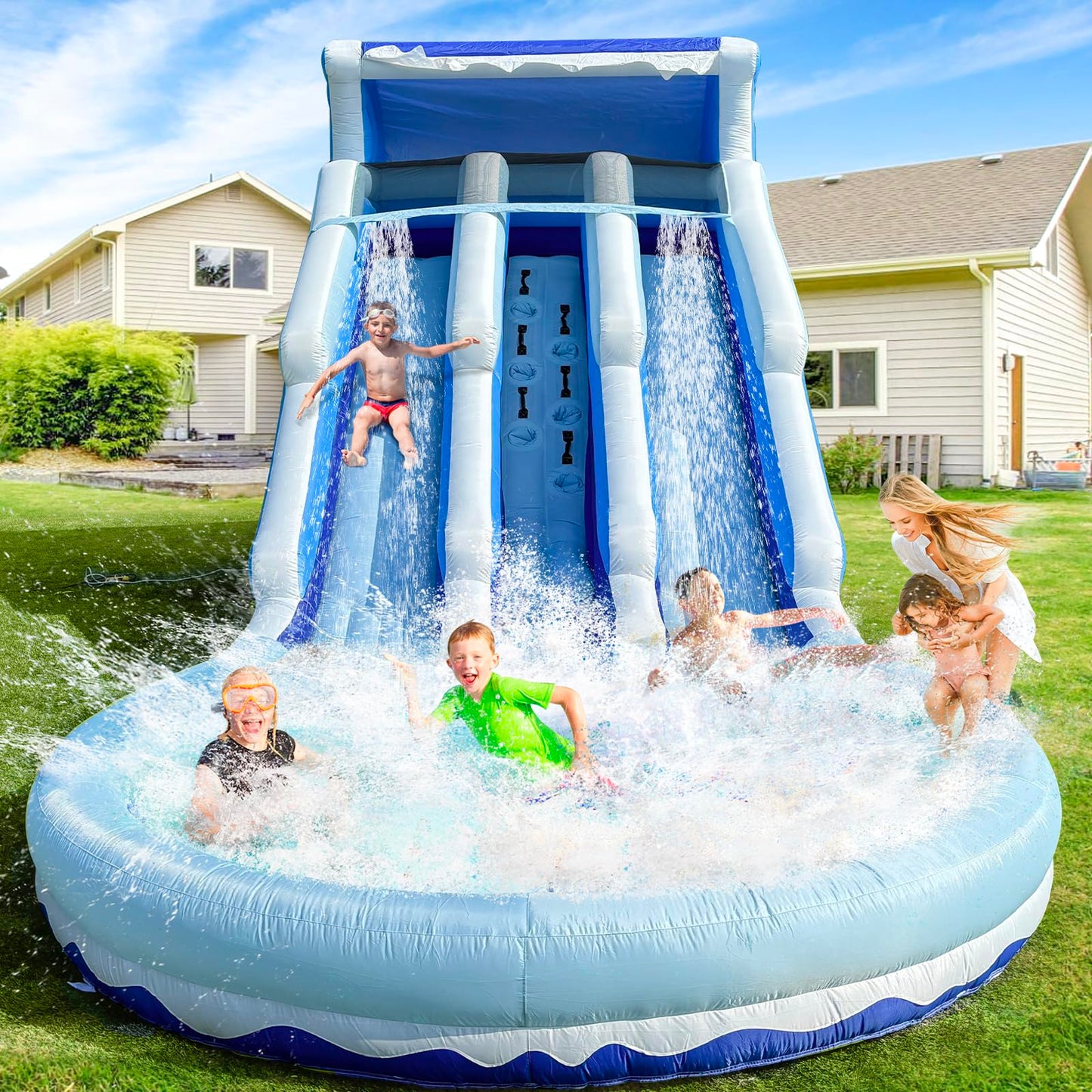 iLink-outer Grade Water Slide Inflatable with Pool for Kids Double Slide with Pool & Blower Water Tube for Kids and Adults, Oxford, Wet Dry Use, Party Gift-(Bule)