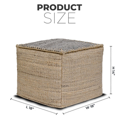 Ash Grey Jute Pouf Ottoman 18x18x14 Inch Handmade Braided Natural Jute & Cotton Floor Pouf, Boho Footstool for Living Room, Bedroom, Extra Seating & Décor