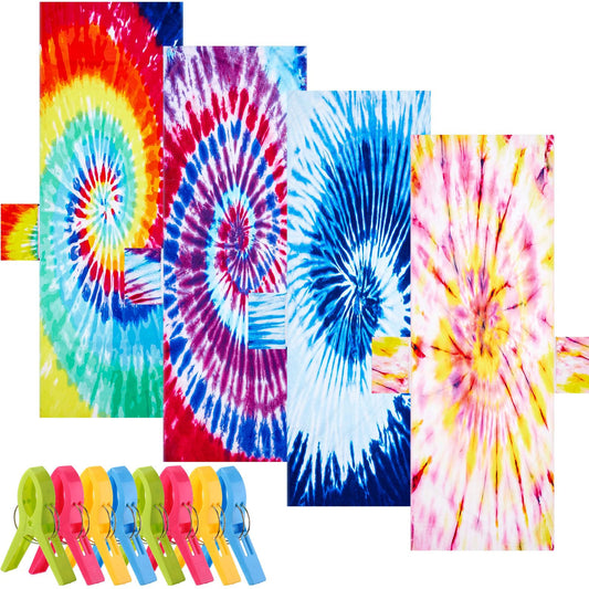 Tudomro 4 Pack Lounge Chair Towel Cover with Pockets and 8 Clips, Chaise Lounge Pool Chair Cover Beach Towel for Outdoor, Garden, Hotel Pool, Sun Lounger, 82.7 x 28.7 Inch(Tie Dye Style)