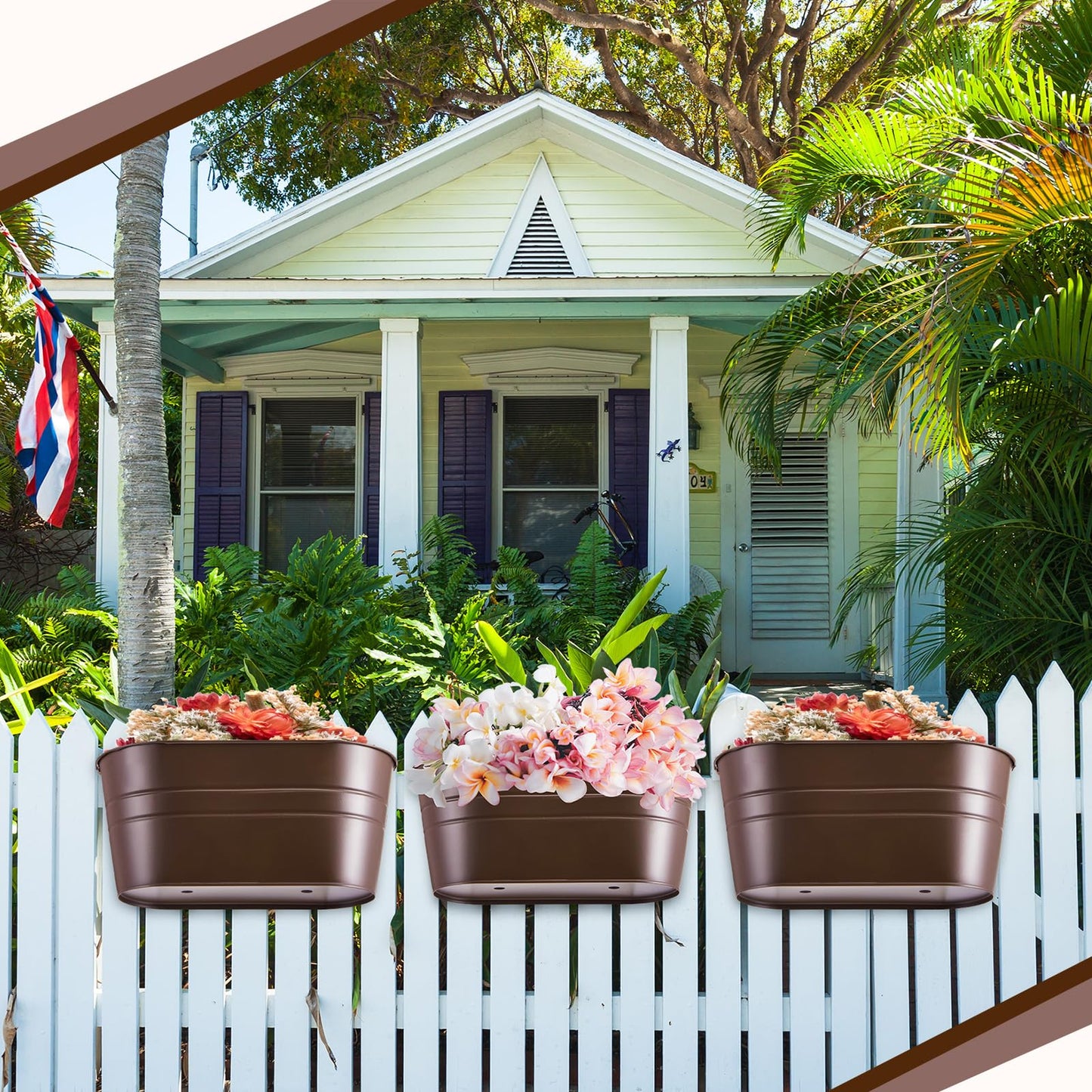 Hicarer 4 Pcs Metal Hanging Flower Pots for Railing Fence, 10.6 Inch Hanging Rail Planters for Outdoor Window Balcony Plants Holder with Hooks for Garden Yard Home Decor (Chocolate)