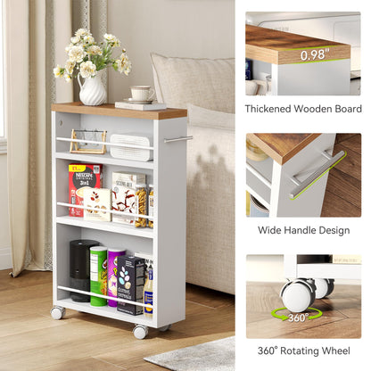 LITTLE TREE 4 Tier Rolling Cart with Wheels, 6.3 Inch Slim Storage Cart, Wooden Snack Cart with Narrow Shelf, White Laundry Room and Bathroom Organizer Shelves