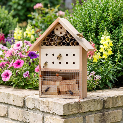 Ferrochef 2 Pcs Wooden Bee House Hanging Insect Hotel for Ladybug, Mason Bee, Bugs Natural Insect Habitat on The Ground or Hanging on The Tree for Garden, 9.8 x 7.8 x 2.95 Inch