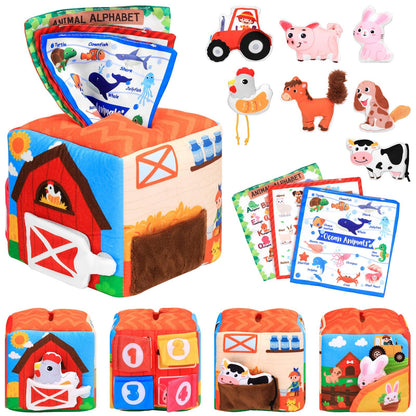 MPQMPQ Baby Tissue Box Toy Farm Crink Plush,Whats Inside Box Montessori Toys with Rattle,Crinkle,Mirror for Babies 6 9 12 18 Months Early Developmental Infant Sensory Learning Toys Newborn Gifts