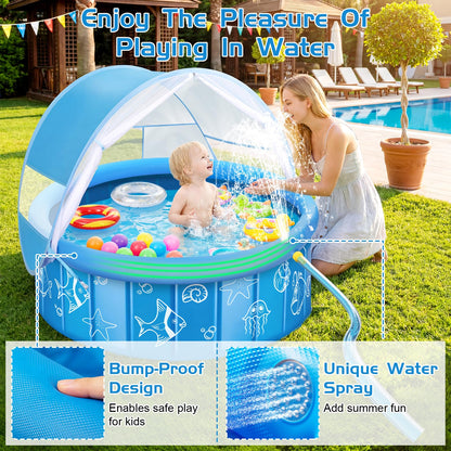 Upgraded Baby Pool with Canopy Sprinkler, 47in Foldable Kiddie Pool with Pop Up Mosquito Net, Baby Beach Tent with Sun Shade Canopy, Portable Toddler Kids Small Pool for Backyard Beach Outdoor