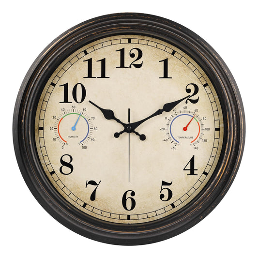 Alarllok 16 Inch Large Outdoor Clock with Thermometer and Hygrometer Combo, Waterproof Indoor Outdoor Wall Clocks for Patio, Pool, Garden, Backyard Decor- Retro Bronze